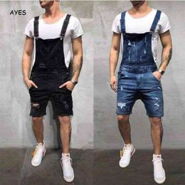 Fashion Men Short Ripped Jeans Jumpsuits Shorts Distressed Denim Bib Overalls Mens Casual Suspender Pant Male 210716