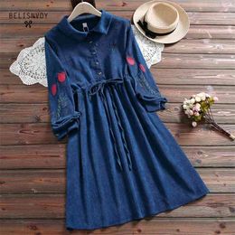 Japanese Mori Girl Women Spring Autumn Sweet Dress Navy Blue Pink Floral Embroidery Vintage Elegant Corduroy Kawaii 210520