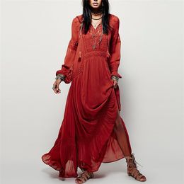 TEELYNN long sleeve maxi dresses women tunic cover up red floral embroidery v neck tassel long dress Casual loose boho vestidos 210915