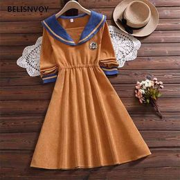 Japanese Lolita Dress Preppy Style Women Autumn Corduroy Sailor Collar Cute Dog Embroidery Teenage Girls Midi es 210520