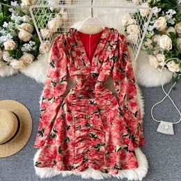 Women French Print Dress Autumn V Neck Long Sleeve Ruched A-line Dress Design Korean Bohemian Flower Short Dresses 210419