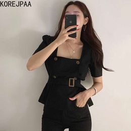 Korejpaa Women Shirt Summer Square Collar Exposed Clavicle Buckle Lace-Up Waist Double Row Two Button Short-Sleeved Blouses 210526