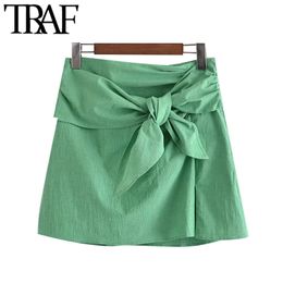 TRAF Women Chic Fashion With Bow Mini Skirt Vintage High Waist Side Zipper Female Skirts Mujer 210415
