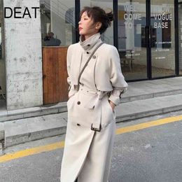 DEAT Trench Coat Women elegant Stand Collar With Belt Pick Hip Solid Beige High Street Autumn Fashion TU159 210820