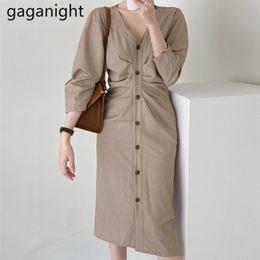 Elegant Women Maxi Bodycon Dress Solid Single Breasted Ruched Office Lady Fashion Dresses Slim Long Sleeve Vestidos 210601