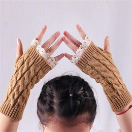 Sports Gloves Winter Autumn Women Fashion Lace Trims Long Fingerless Knitted Crochet Mitten Wrist Warmer Arm Hand 2021