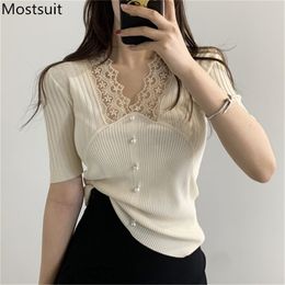 Lace Spliced Knitted Sweater Tops Women Summer Short Sleeve V-neck Buttons Pullover Korean Solid Slim Elegant Female Jumper 210513