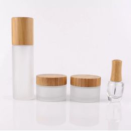 2022 NEW 50pcs/lot 5G/15G/30G/50G/100G High-grade cosmetic jar bamboo cover, frosted glass bottle