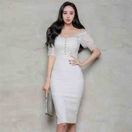 summer style korean fashion temperament V neck sling dress lacespliced split slim thin sexy office party for women dresses 210602