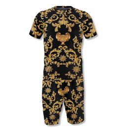 Classic Retro Style Two Piece Set Clothing Summer Short Sleeve Auspicious Pattern T-Shirt+Shorts Casual All-Match Mens Sets Y0831