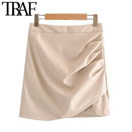 Women Chic Fashion Faux Leather Pleated Mini Skirt Vintage High Waist Back Zipper Female Skirts Mujer 210507