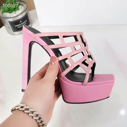 Classic Designer Women's High Heel Sandals Sexy Hollow Black Pink Leather Fashion Summer Dress Thick Bottom Slide Shoes 35-42 With Shoe Box
