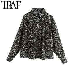 TRAF Women Fashion With Lace Trim Semi-sheer Animal Print Blouses Vintage Long Sleeve Button-up Female Shirts Chic Tops 210415