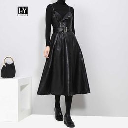 Ly Varey Lin Autumn Strapless Black Pu Leather Long Dress Women High Waist Belt Zipper Loose Vestidos 210526