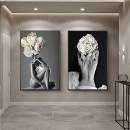 Posters and Prints Flowers Feather Women Oil Painting Canvas Wall Pictures for Living Room Home Decoration