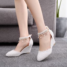 Summer Ladies 7cm Pointed Toe Wedges High Heels Lace Sandals New Style Beaded Tassel Pointed Wedges Sandals Women Shoes
