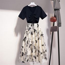 Summer Women Set Fashion Black Drawstring Short Sleeve T-Shirt + Butterfly Embroidery Mesh Skirt Suit 2 Pieces Sets 210518