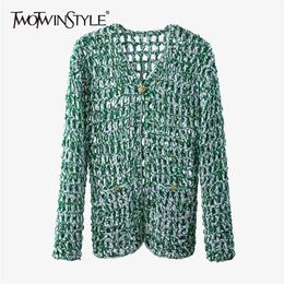 Casual Green Knitted Cardigans For Women V Neck Long Sleeve Vintage Sweater Female Fashion Clothing 210524