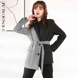 SHENGPALAE Ins Style Autumn Design Split Joint Lattice Irregular Blazers Chalaza High Waist Long Fund Loose Coat Woman FV351 210330