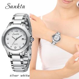 SUNKTA Top Brand Fashion Gift Women Watch Ceramic Female Quartz Watches Women Casual Waterproof Watch Ladie Clock Zegarek Damski 210517