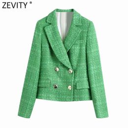 Women England Style Double Breasted Green Tweed Woolen Blazer Coat Vintage Female Long Sleeve Chic Suits Tops CT695 210420