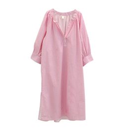 Pink Blue V Neck 3/4 Puff Sleeve Plaid Midi Dress Loose Casual D0620 210514