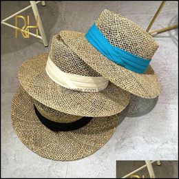 Wide Brim Hats & Caps Hats, Scarves Gloves Fashion Aessories Travel Natural Seagrass Hollow Flat Hat Ladies Summer Porkpie Concave Round Sun