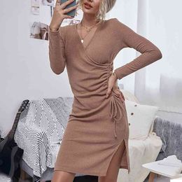 Autumn Winter Knitted Women Dress Sexy V-Neck Long Sleeve Drawstring Spilt Bodycon Lady Dresses Vestidos W254 210526