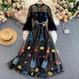 SINGREINY High Quality Mesh Embroidery Dress Women Korean Fashion Design A-line Dresses Spring Chic Streetwear Long Dress 210419