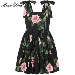 Fashion Designer Cotton dress Summer Women's Dress Rose Floral-Print Black Vacation Dresses 210524