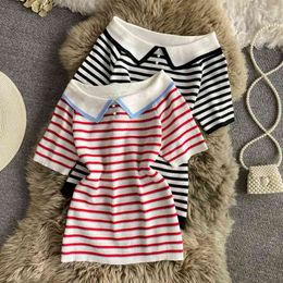 Retro Striped color-blocking short-sleeved t-shirt women summer slim doll collar ice silk knitted bottoming top t shirt 210420
