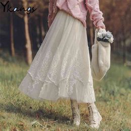 Summer Embroidery Mesh Tulle Pleated Skirt Women Korean Style Fashion Elastic High Waist Long Vintage Black Midi 210421