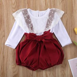 born Clothes Spring Summer Round Neck Long-sleeved Lace Blouse + Bib Shorts Two-piece Baby Set 210515