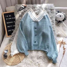 Korean Style Women Fashion Autumn Pullover and Sweaters Long Lantern Sleeve Button Stitch Oversize Loose Fall Jumpers 210430
