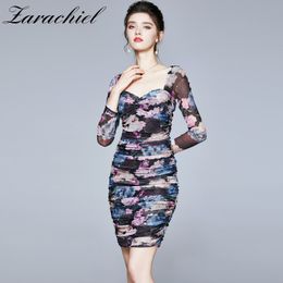 Women Chic Fashion Purple Floral Print Draped Mesh Dress Sexy Club Square Collar Long Sleeve Stretch Bodycon Mini Dresses 210416