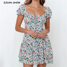 Spring Summer French Daisy Floral Print Mini Dress Short Sleeve Tie Square neck Ruffles A-lined Tea Dresses 210429