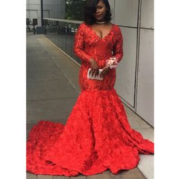 Red Long sleeves Prom Dresses V Neck 3D Rose Flowers Sweep Train Mermaid Evening Gowns Custom Size Celebrity Party Dress2491