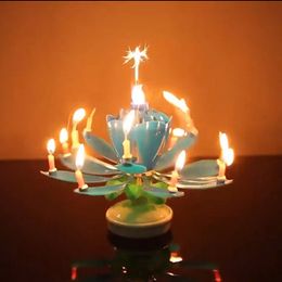 Plast musikljus Dubbellager 14 ljus Roterande Lotus Grattis på födelsedagen Musik Barn Födelsedagsfest Sparkling Blossom Lotus Cake Topper ZL0660