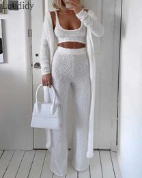 Women 3pcs Suit Sleeveless Crop Top Long Sleeve Sweater Cardigan and High Waist Wide Leg Pants Y0625