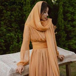 Women Orange High Waist Ankle-Length Mesh Dress Elegant Plus Size Long V-Neck Sleeve Retro Female S-2XL 210601