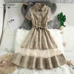 Elegant Turn-Down Collar Splice Mesh With Belt Dress Women Summer Office Tulle Casual Dresses Party Fashion Vestidos 210520