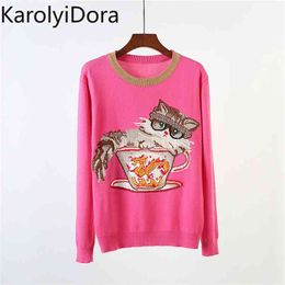 spring autumn Jumper sueter mujer Runway Design Knitted Pullover Fashion Long Sleeve Dragon Jacquard Winter Women Pink Sweater 210520