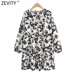 Zevity Women Vintage O Neck Bow Black Leaves Floral Print Dress Chic Female Lantern Sleeve Casual Straight Vestido DS5012 210603