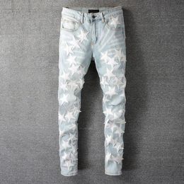 High Quality Streetwear Designer Patchwork Brand Jean Men Hip Hop Leather Star Stitching Ripped Jeans Denim Pants