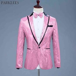 Pink Sequin One Button Dress Blazers Brand Nightclub Prom Men Suit Jacket Wedding Stage Singer Costume (Bowtie Include) 210522