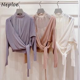Neploe Sexy Hollow Out Cross Drawstring Blouse Chic Mesh Knit Patchwork Fake Two Piece Women Shirts Spring Chiffon Femme Blusas 210510