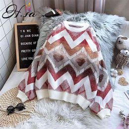 Women Winter Argyle Sweater and Pullovers Long Sleeve Wave Knitwear Pull Jumpers Korean Oversized Sweaters Roupa Mujer 210430