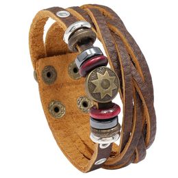 Tennis Vintage Handmade Sun Beads Braided Brown Bracelets Men Genuine Leather Wristband Arm Jewellery Bangles For Casual Decorations