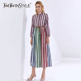 Hit Color Striped Dress For Women Stand Collar Long Sleeve High Waist Sashes Elegant Dresses Female Fashion 210520