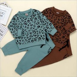 Baby Designer Clothes Girls Leopard Tops Solid Pants 2pcs Sets Long Sleeve Toddler Outfits Boutique Baby Clothing 2 Colors DW5606